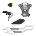 Bike Motorcycle part set. Engine racing. Exhaust pipe and Steering wheel. Fuel tank and Headlight. Vector illustration