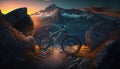 Bike on mountain trail at sunset, sports bicycle in rocky landscape, generative AI