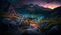 Bike on mountain trail at sunset, sports bicycle in rocky landscape, generative AI
