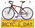 Bike over Golden Sign and Confetti Celebrating World Bicycle Day, Vector Illustration Royalty Free Stock Photo