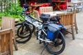 Bike packing together, two bikes parked in the court yard of a pib in Settle