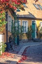 Bike parked next to town house during autumn in Lund Sweden