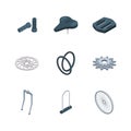 Bike parts. Bicycles components mechanical saddle fork crank seat hub vector isometric icons collection