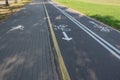 Bike path with a Bicycle sign and a sidewalk with a pedestrian sign Royalty Free Stock Photo