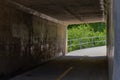Bike path tunnel under roadway, sharp curve and railing beyond Royalty Free Stock Photo