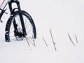 Bike in powder snow. Lost in deep snowdrift.