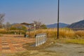 Bike rack and covered park benches Royalty Free Stock Photo