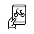 Bike rent flat line icon. Vector outline illustration of  Urban transportation, bike sharing, bike rental app. Black color thin Royalty Free Stock Photo