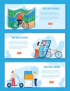 Bike rent service vector illustration set, cartoon flat sport bicycle city transport rental banner collection for