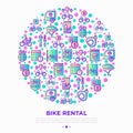 Bike rental concept in circle with thin line icons: rates, bicycle tours, pet trailer, padlock, helmet, child seat, sharing,