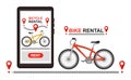 Bike rental service, public bicycle sharing, city rent station, cycle hire parking mobile app vector Royalty Free Stock Photo