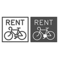 Bike rental signboard line and solid icon, outdoor sport concept, bicycle logo for shop or rental business icon on white