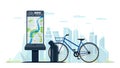 Bike rental station terminal on modern cityscape street. Bicycle rent location city map on self service counter screen