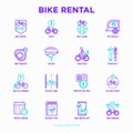 Bike rental thin line icon: rates, bicycle tours, pet trailer, padlock, helmet, child seat, sharing, pointer, deposit, mobile app
