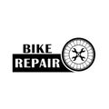 Bike repair logo design with bicycle wheel, wrench and text inscription. Isolated vector illustration. Royalty Free Stock Photo