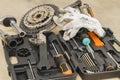 Bike repairing. Spare parts and tools box. Royalty Free Stock Photo