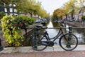 Bike with Colorful Flowers on a Bridge above a Canal during Autumn in Amsterdam Royalty Free Stock Photo