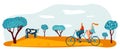 Bike ride at garden park, vector illustration, man woman couple character at tandem bicycle walk, healthy lifestyle at