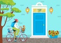 Bike ride near home exterior, vector illustration, flat woman character at bicycle, outdoor house design with light Royalty Free Stock Photo