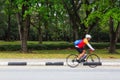 Bike rider on the city forest roadway motion blur view Royalty Free Stock Photo