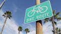 Bike Route green road sign in California, USA. Bicycle lane singpost. Bikeway in Oceanside pacific tourist resort. Cycleway Royalty Free Stock Photo