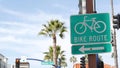 Bike Route green road sign in California, USA. Bicycle lane singpost. Bikeway in Oceanside pacific tourist resort. Cycleway