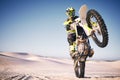Bike, sand and balance with a man on mockup riding a vehicle in the desert for adventure or adrenaline. Motorcycle