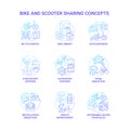 Bike and scooter sharing blue gradient concept icons set