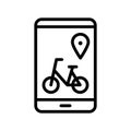 Bike sharing flat line icon. Vector outline illustration of  Urban transportation, rent a bike, bike rental app. Black color thin Royalty Free Stock Photo