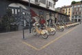 Milan Italy 1 MAY 2018: Bike sharing service racks in Milan. Royalty Free Stock Photo