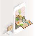 Bike sharing sign, smartphone with city map, location pins, bicycle, vector isometric illustration. Bicycles for rent. Royalty Free Stock Photo