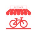 Bike Shop, Bicycle Store Single Flat Icon. Striped Awning and Signboard