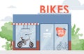 Bike shop vector flat illustration. Eco friendly personal city transport, urban transportation gadget concept.