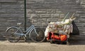 Bike and shopping cart filled with garbage on a street