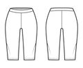 Bike shorts Leggings technical fashion illustration with low waist, rise, knee length. Flat sport training pants, casual