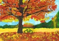 The bike stands under a bright autumn tree. Child`s drawing