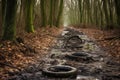 bike tires leaving tracks on a muddy woodland path