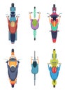 Bike top view. Cycling people motorcycles traffic motor bike on road vector cartoon collection