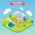 Bike touring isometric concept. Travel and camping vector illustration in flat 3d style. Outdoor camp activity. Travel