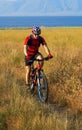 Bike tourist on yellow field