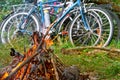 Cyclists tourists made a fire, bike trip