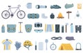 Bike trip icons set cartoon vector. Camp tool