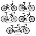 Bike types vector black silhouettes. Road, mountain, tandem bicycles isolated