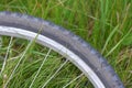 Bike tyre on the green grass