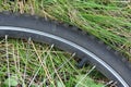Bike tyre on the green grass