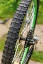 Bike waiting mechanic for repair in bicycle repair shop, outdoor. Bicycle wheel close up ready for examines, fixes Royalty Free Stock Photo