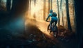 bike woman summer walking sunset cycling forest sport dark bicycle riding. Generative AI.