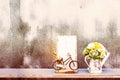 Bike wood and vases on wooden Royalty Free Stock Photo