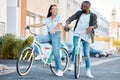 Bike, young couple and city street cycling in summer for eco friendly carbon footprint, love date and relax. Happy man Royalty Free Stock Photo