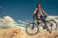 Bikeer traveler with bicycle portrait in Himalayas mountain Royalty Free Stock Photo